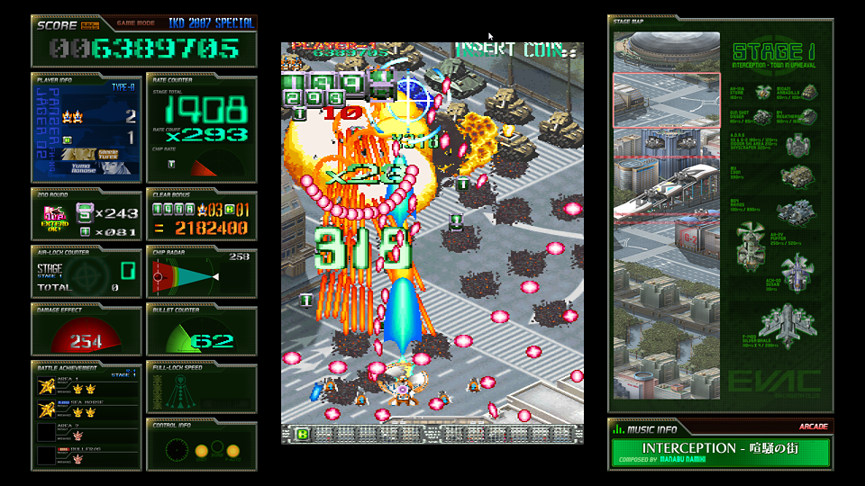 A screenshot of a retro isometric arcade strategy game, showing a central battle scene with explosions, floating score and status panels on the left, and a stage overview on the right.