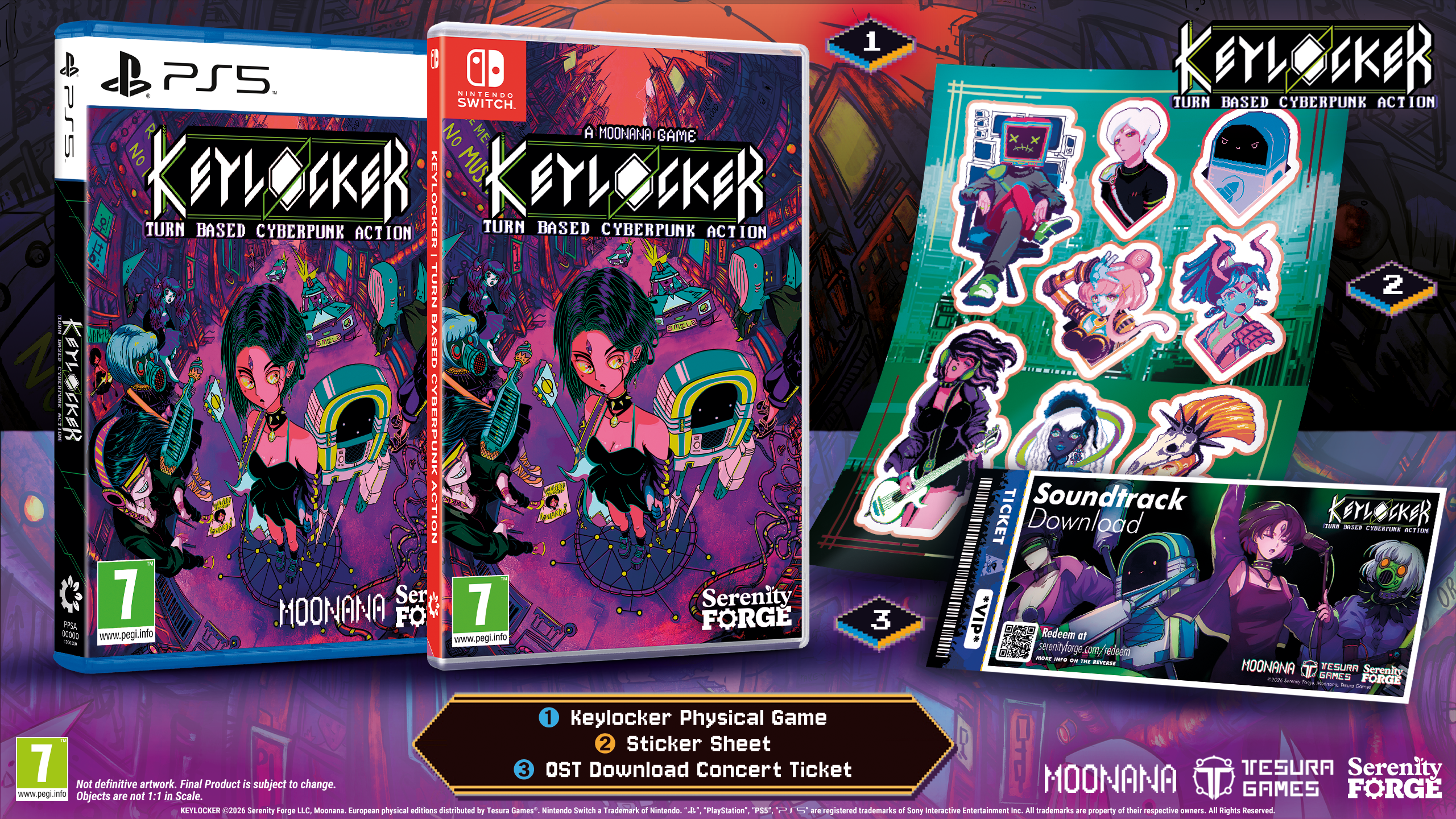 Keylocker game packaging with physical game, sticker sheet, and soundtrack on a colorful background