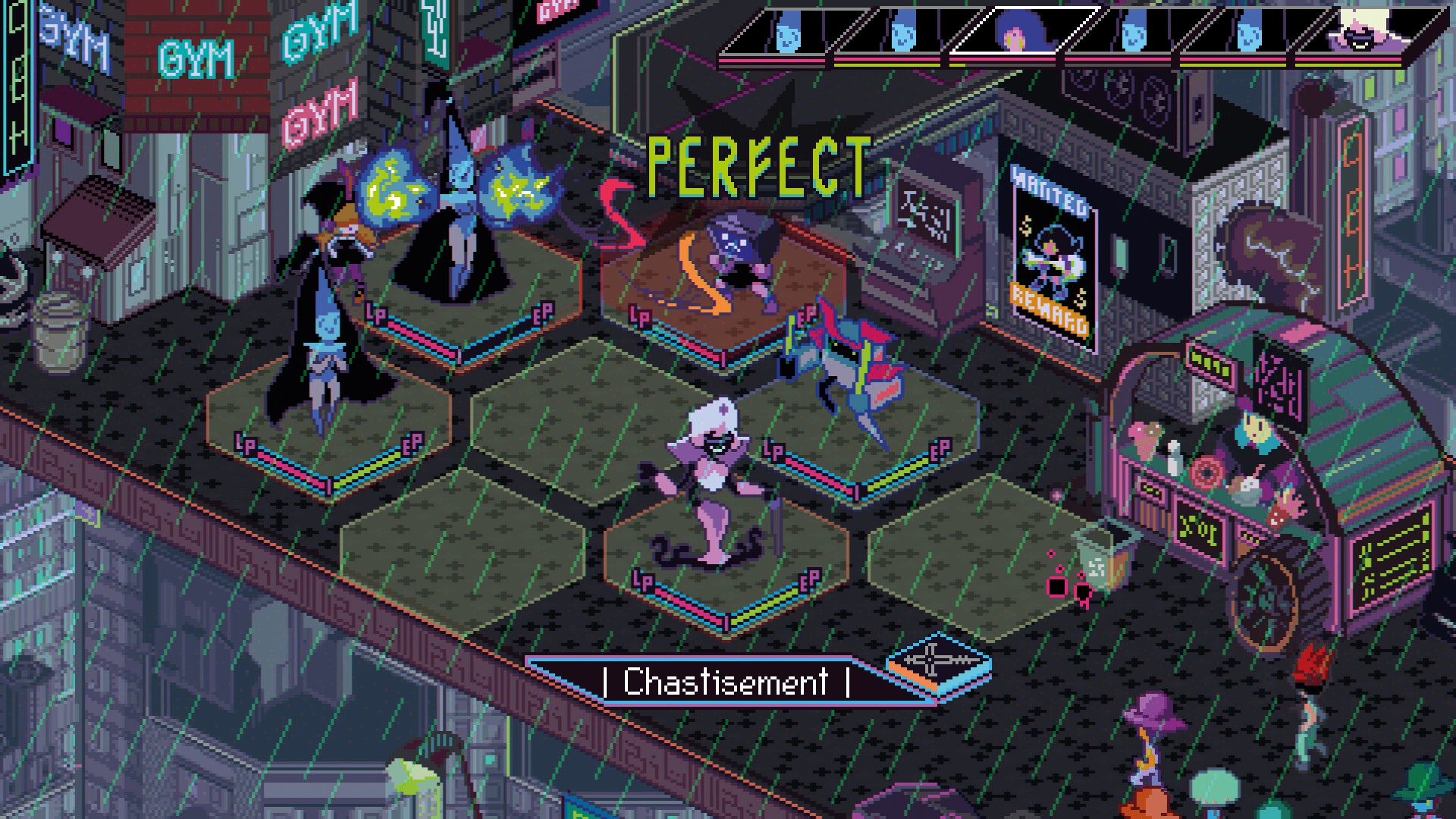 Video game scene with characters in a futuristic setting, featuring neon lights and digital interfaces.