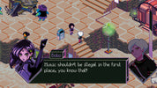 Cartoon character with purple hair and a speech bubble in a stylized game environment.