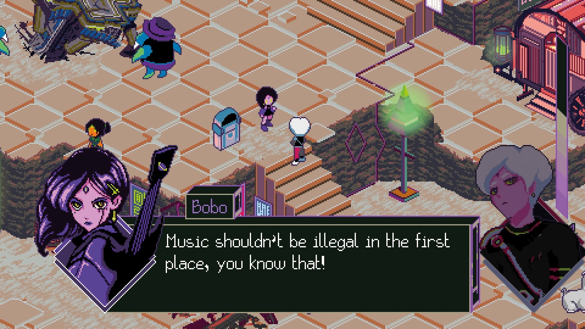 Cartoon character with purple hair and a speech bubble in a stylized game environment.