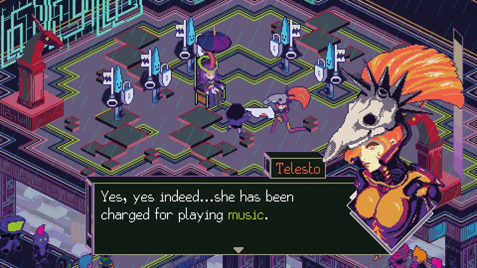 Isometric game scene with character and dialogue box in a futuristic setting