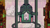 Pixel art scene with a character standing inside a large mechanical structure, surrounded by tall buildings.