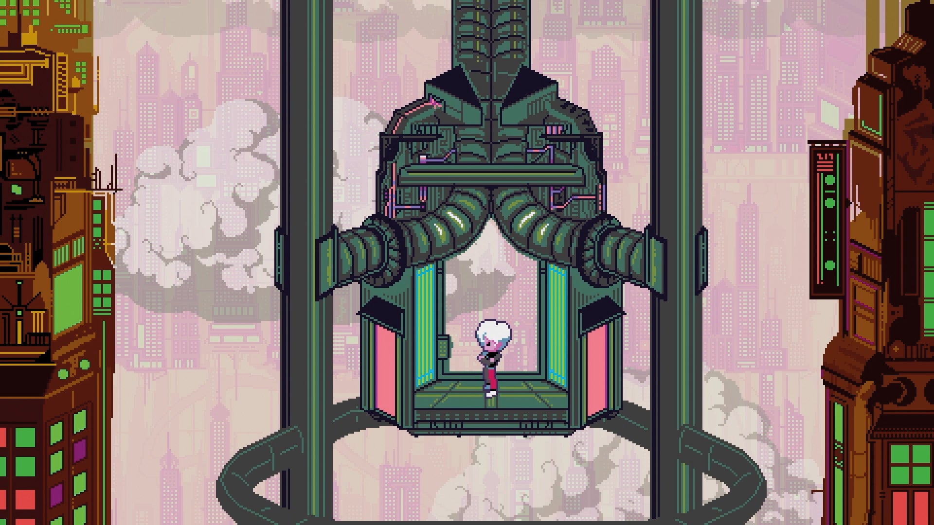 Pixel art scene with a character standing inside a large mechanical structure, surrounded by tall buildings.