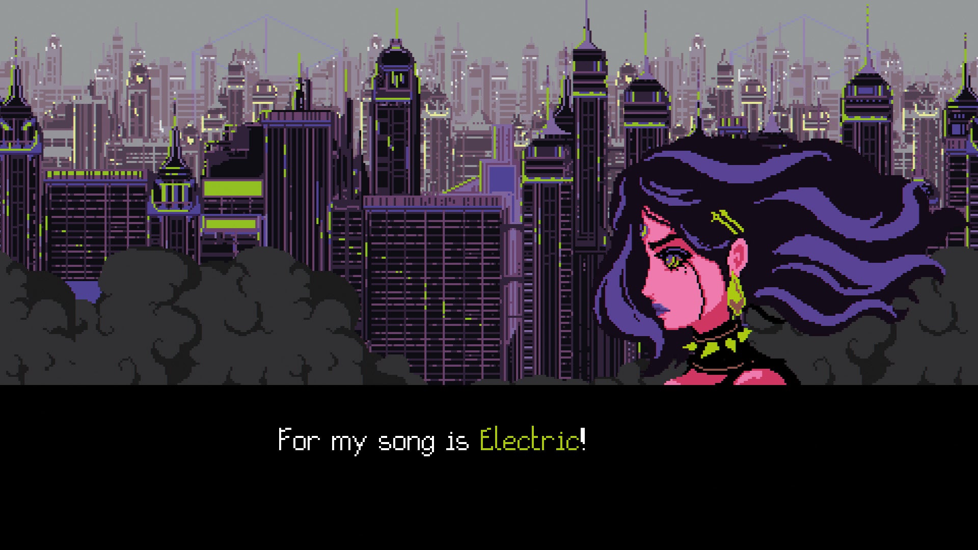 Pixel art character with a cityscape background and text 'For my song is Electric!'.