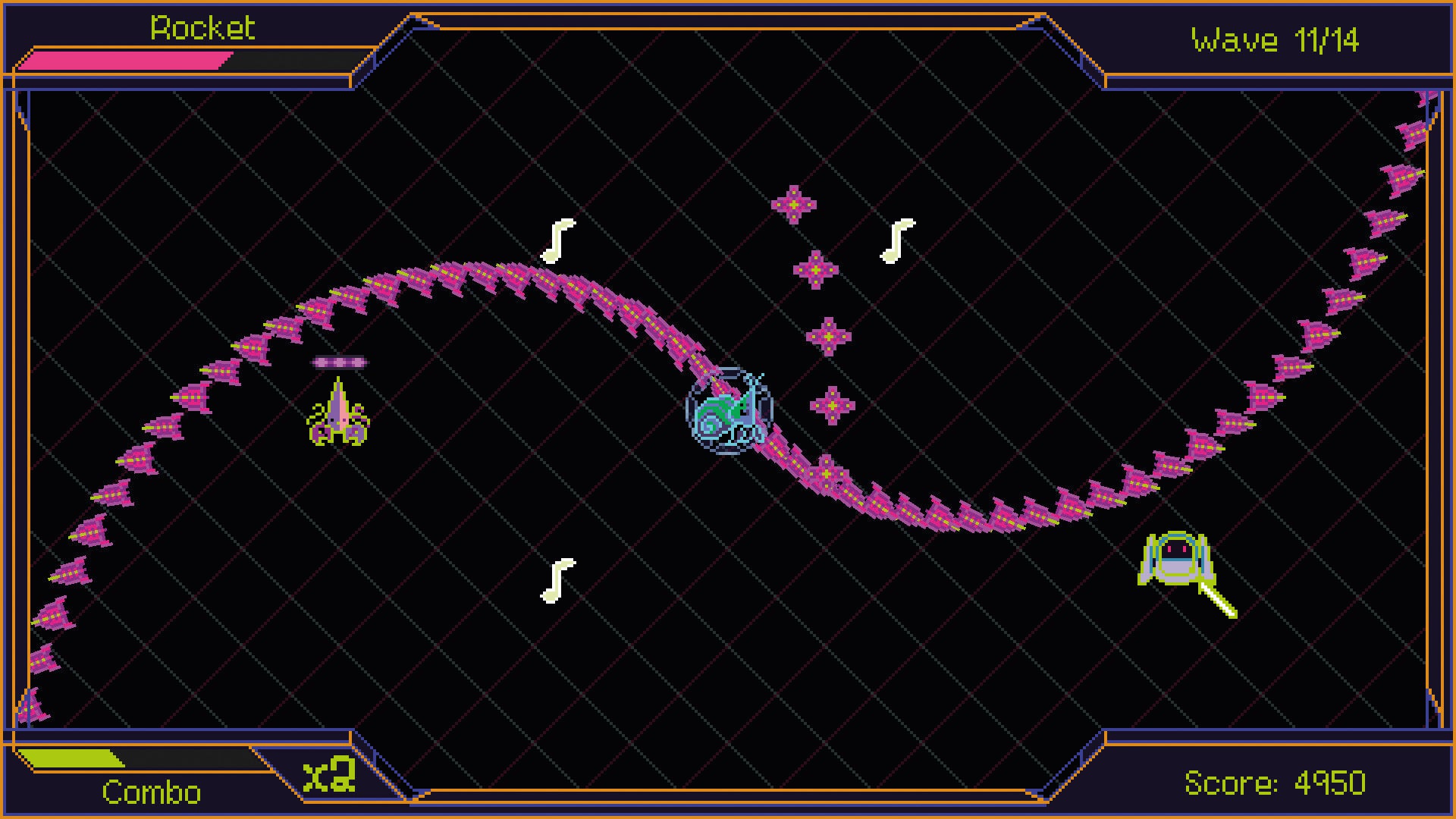 Screenshot of a retro-style space shooter game with a player-controlled ship and enemy ships on a grid background.