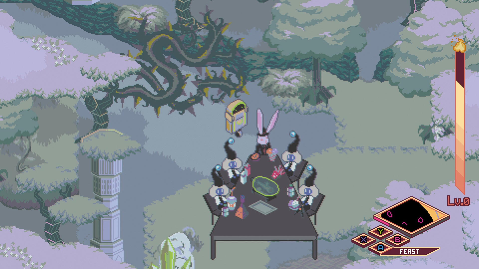 Game screen with characters around a table in a forest setting