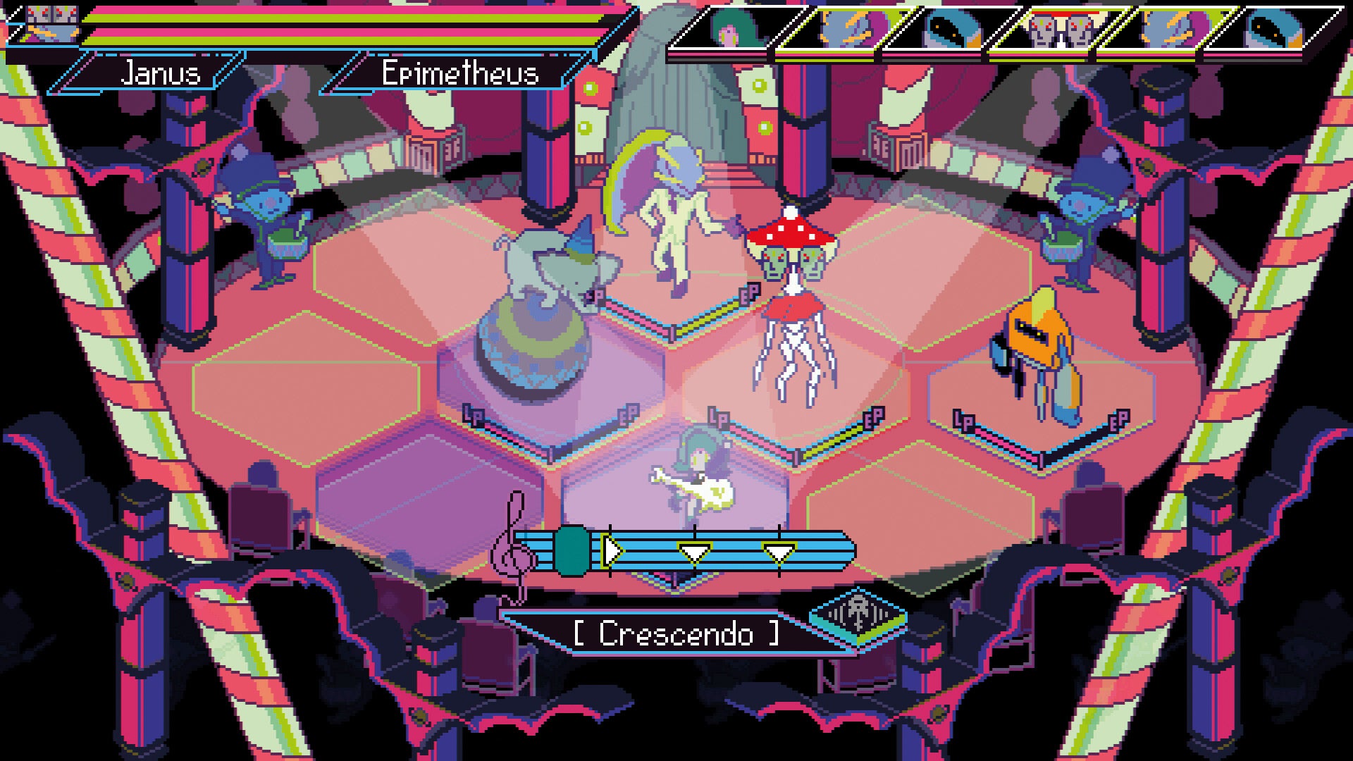 Pixel art scene from a video game with characters and a colorful environment