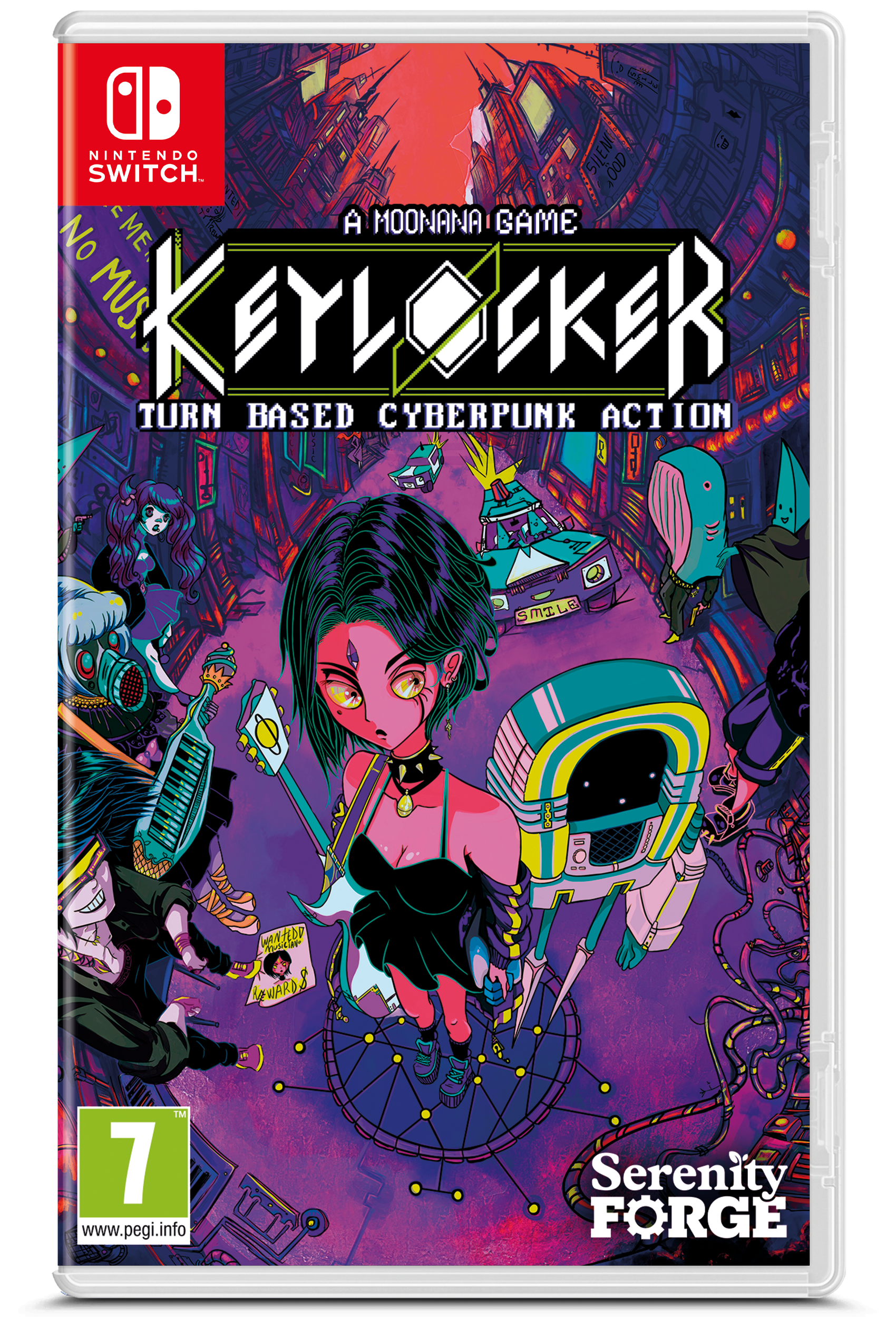 Game box for 'Keylocker' by Serenity Forge on Nintendo Switch with colorful design and character illustration.