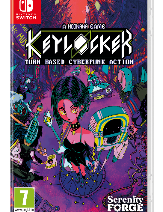 Game box for 'Keylocker' by Serenity Forge on Nintendo Switch with colorful design and character illustration.