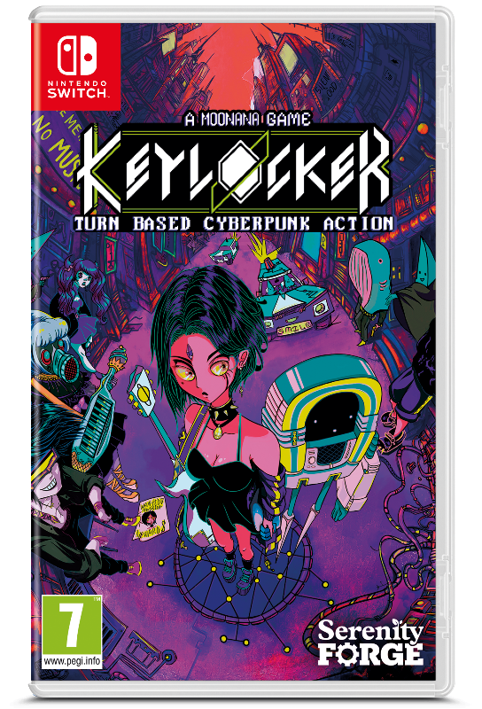 Game box for 'Keylocker' by Serenity Forge on Nintendo Switch with colorful design and character illustration.