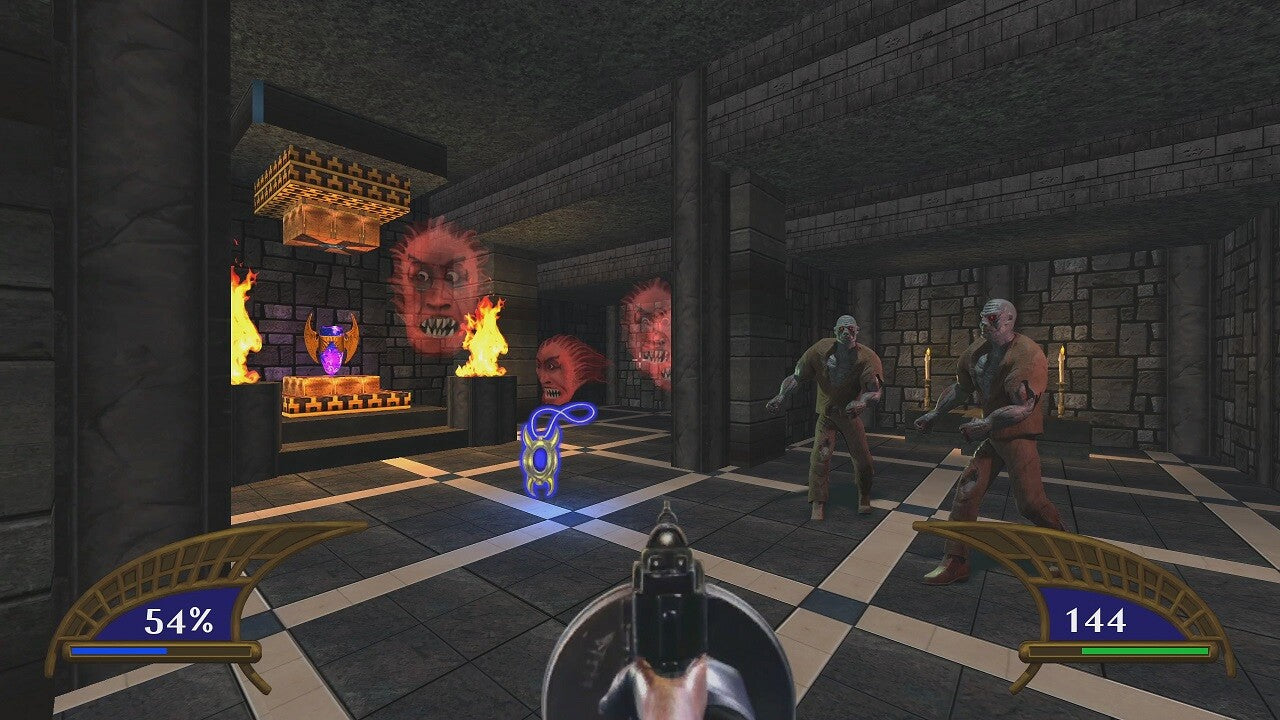 Screenshot of a video game with characters and health bars in a dark room.