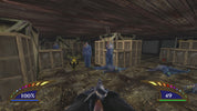 Gameplay scene from a first-person shooter game with wooden crates and characters in a dimly lit room.