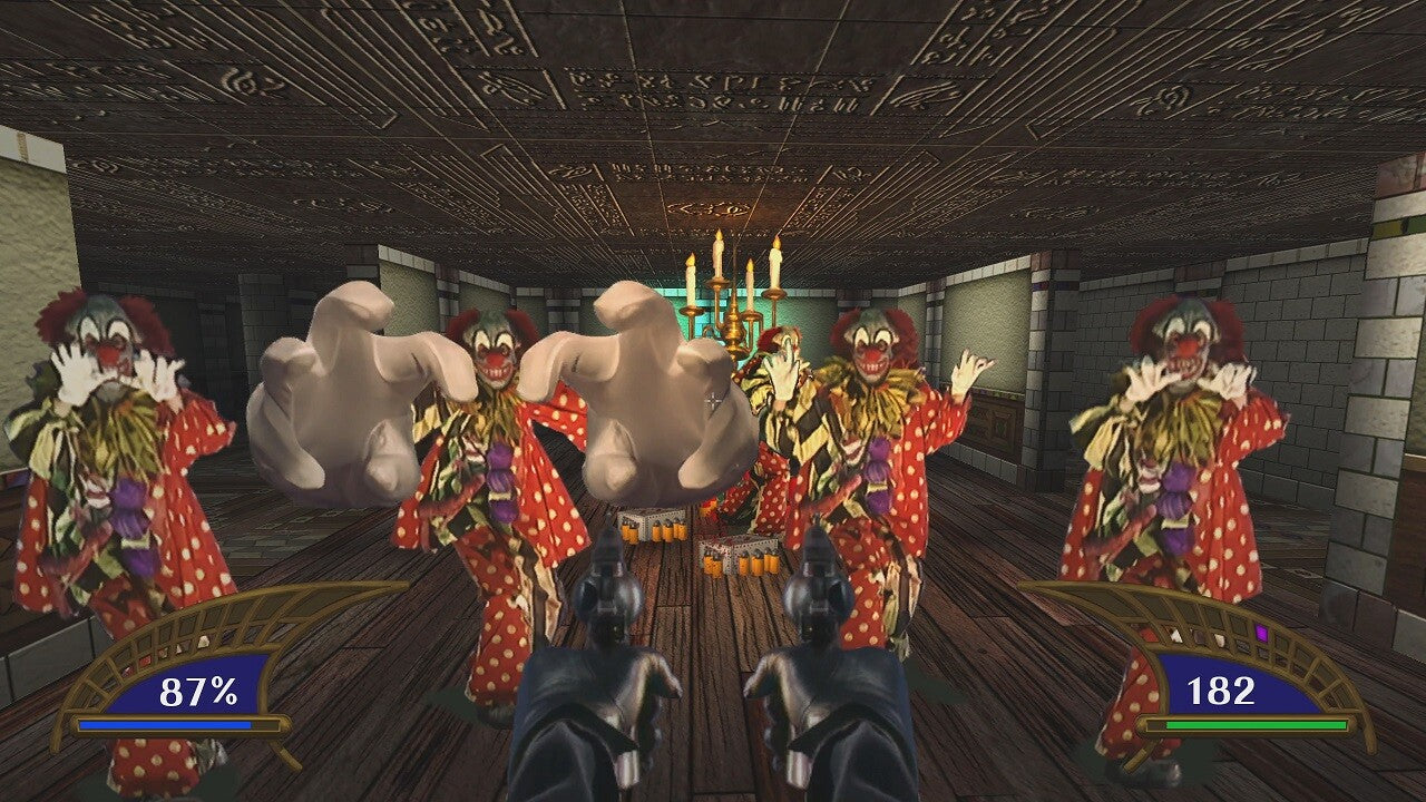 Video game scene with clowns in a room, likely from a horror or thriller genre.