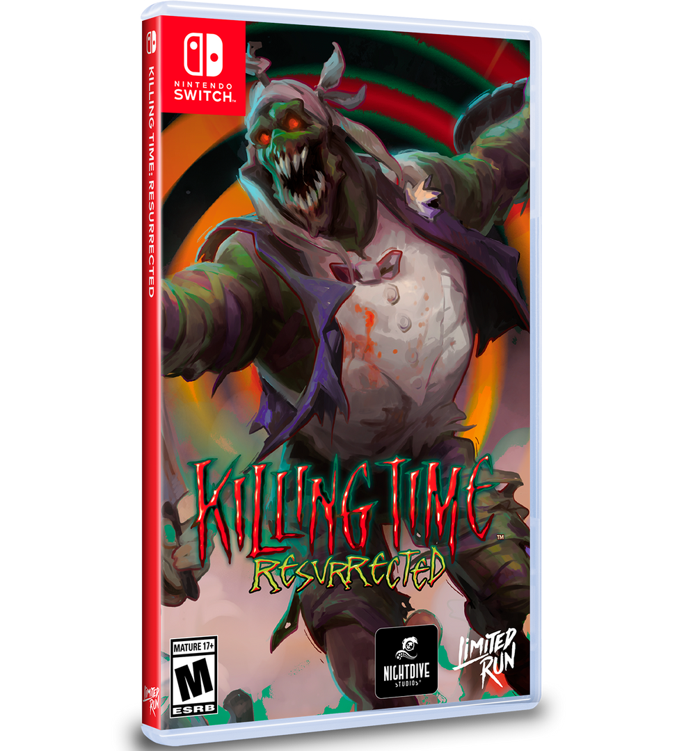 Game case for 'Killing Time Resurrected' on Nintendo Switch with a colorful design and character illustration.
