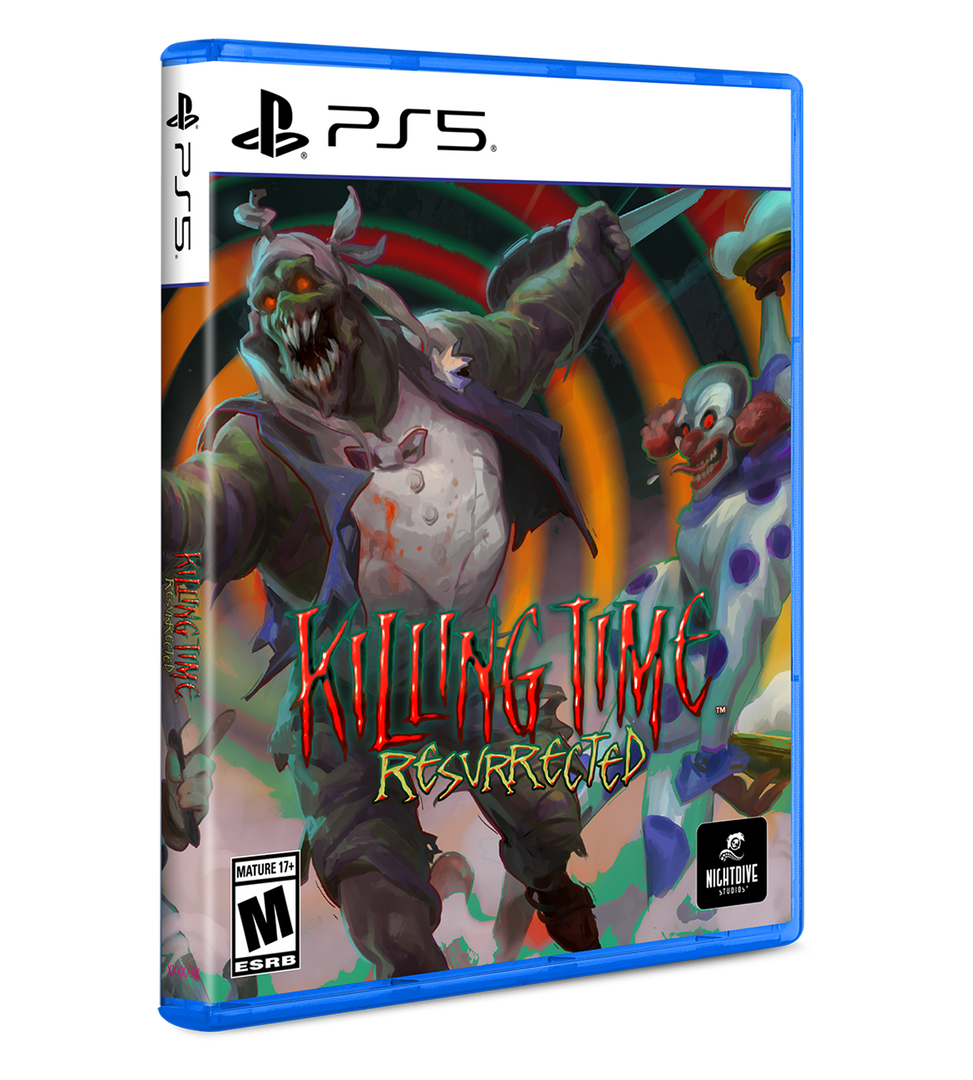 Game box for 'Killing Time: Resurrected' on PS5 with a zombie and clown design.