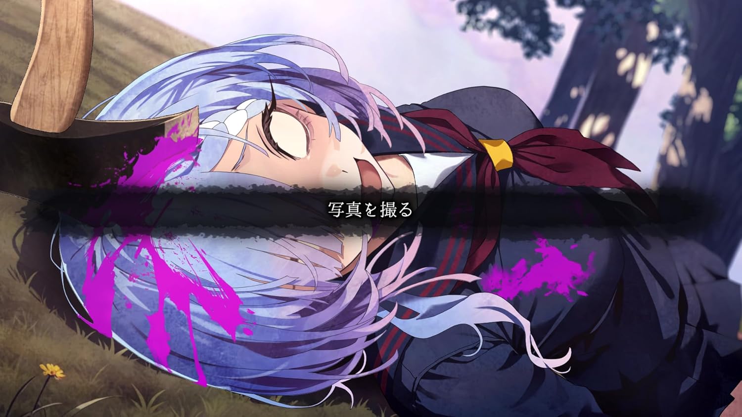 Anime character with purple hair and a sword, lying on the ground with a blurred background