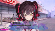 Animated character with red and black hair in a city setting with a store in the background