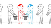 A minimalist line-art illustration shows a row of simple human figures standing in a line. The center figures are colored red and blue, each holding a bucket, while the surrounding figures are mostly black-and-white outlines.