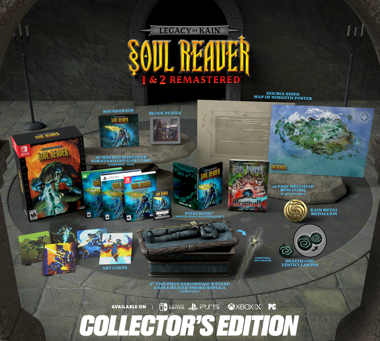 Soul Reader 1 & 2 Remastered Collector's Edition game bundle displayed on a stone tabletop in a dark dungeon-like setting. The set includes multiple game cases, art cards, a map, a journal, a lantern, a sword, and packaging, with visible branding for Soul Reader, Legacy of the Crown, and platforms including PS5, Xbox Series X, PC, and Nintendo Switch.
