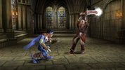 Two characters in a fantasy setting with one character holding a weapon.