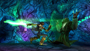 Two characters in a fantasy setting with one casting a spell and the other holding a glowing weapon.
