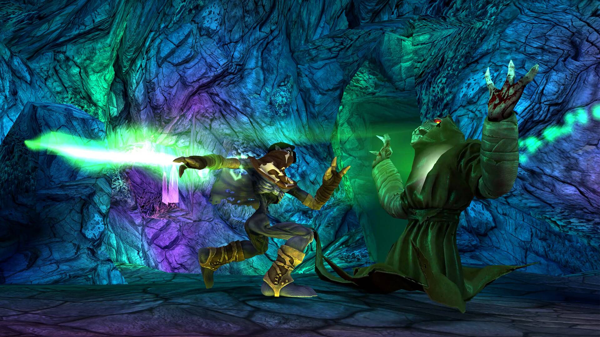 Two characters in a fantasy setting with one casting a spell and the other holding a glowing weapon.