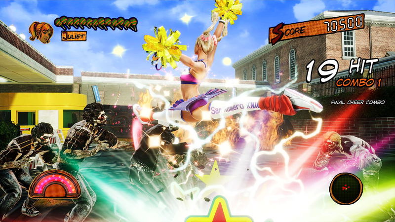 Screenshot of a video game with a cheerleader character and colorful graphics