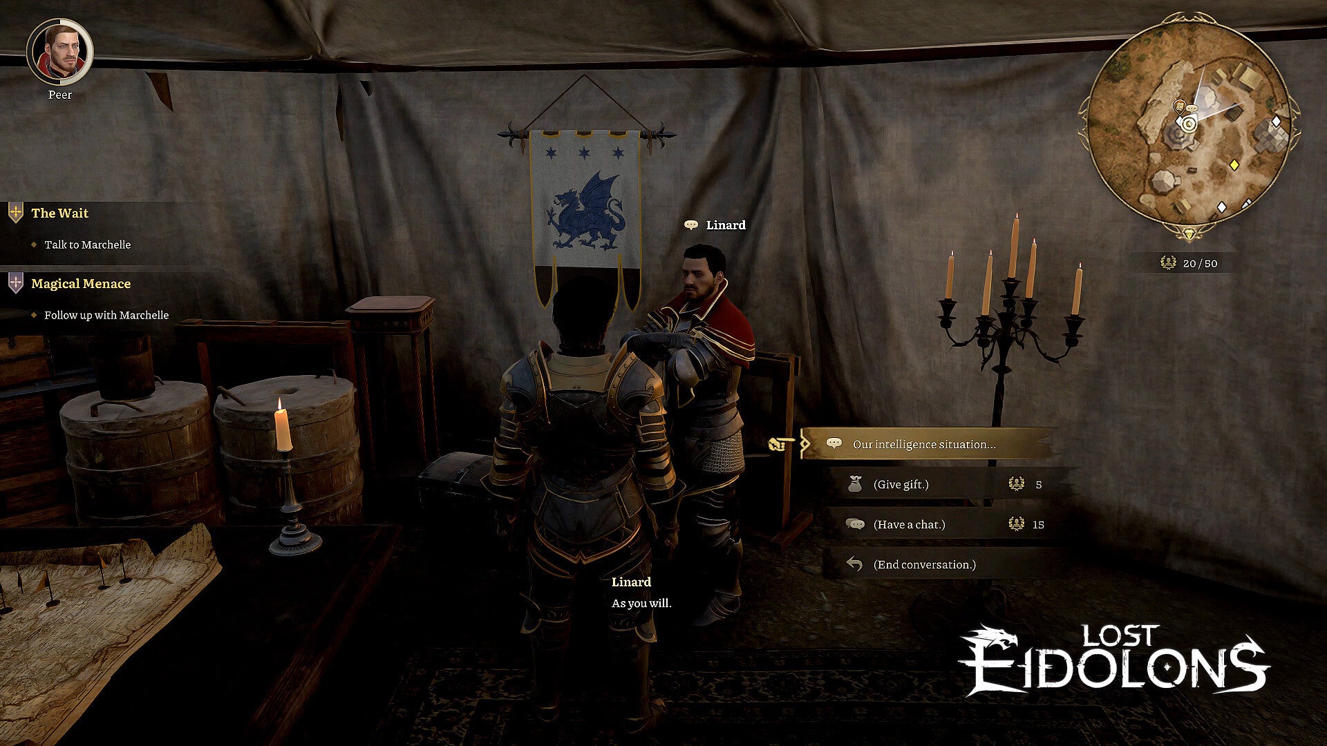 Character in a medieval-style room with a map and flags, from the game 'Lost Eidolons'.