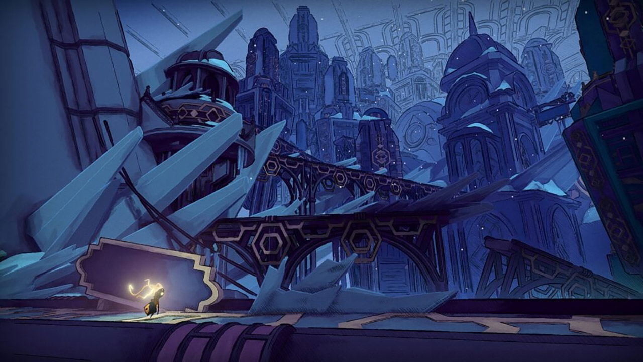 Dark, futuristic cityscape with towering structures and a glowing object in the foreground.
