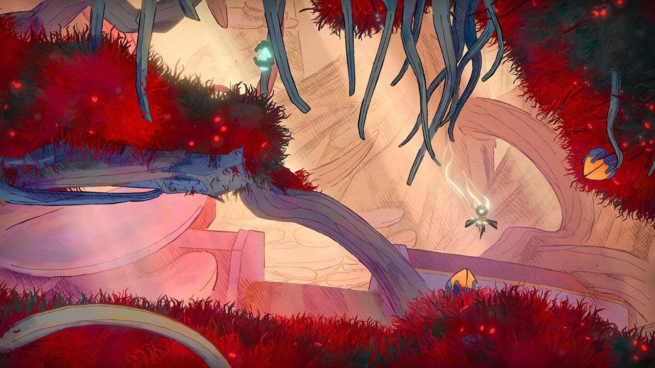 Colorful, abstract scene with red and blue elements