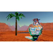 Colorful vase with intricate patterns in a desert landscape with a palm tree