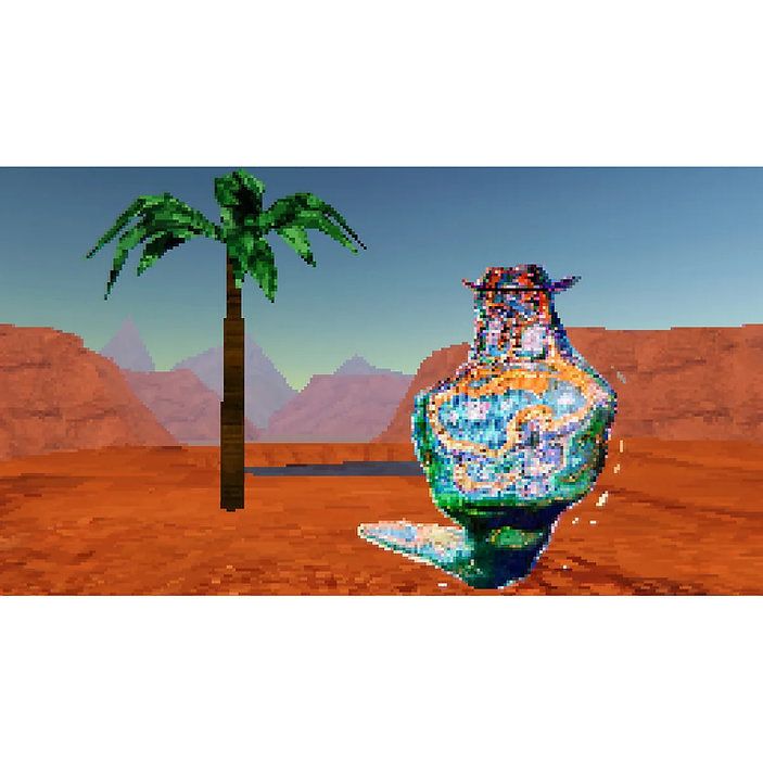 Colorful vase with intricate patterns in a desert landscape with a palm tree