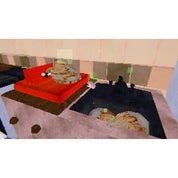 Computer-generated image of a black cat sitting on a couch with food on a table.