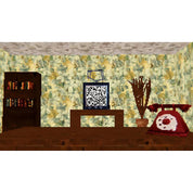 Vintage-style room with a red phone, framed picture, and bookshelf against a patterned wall.