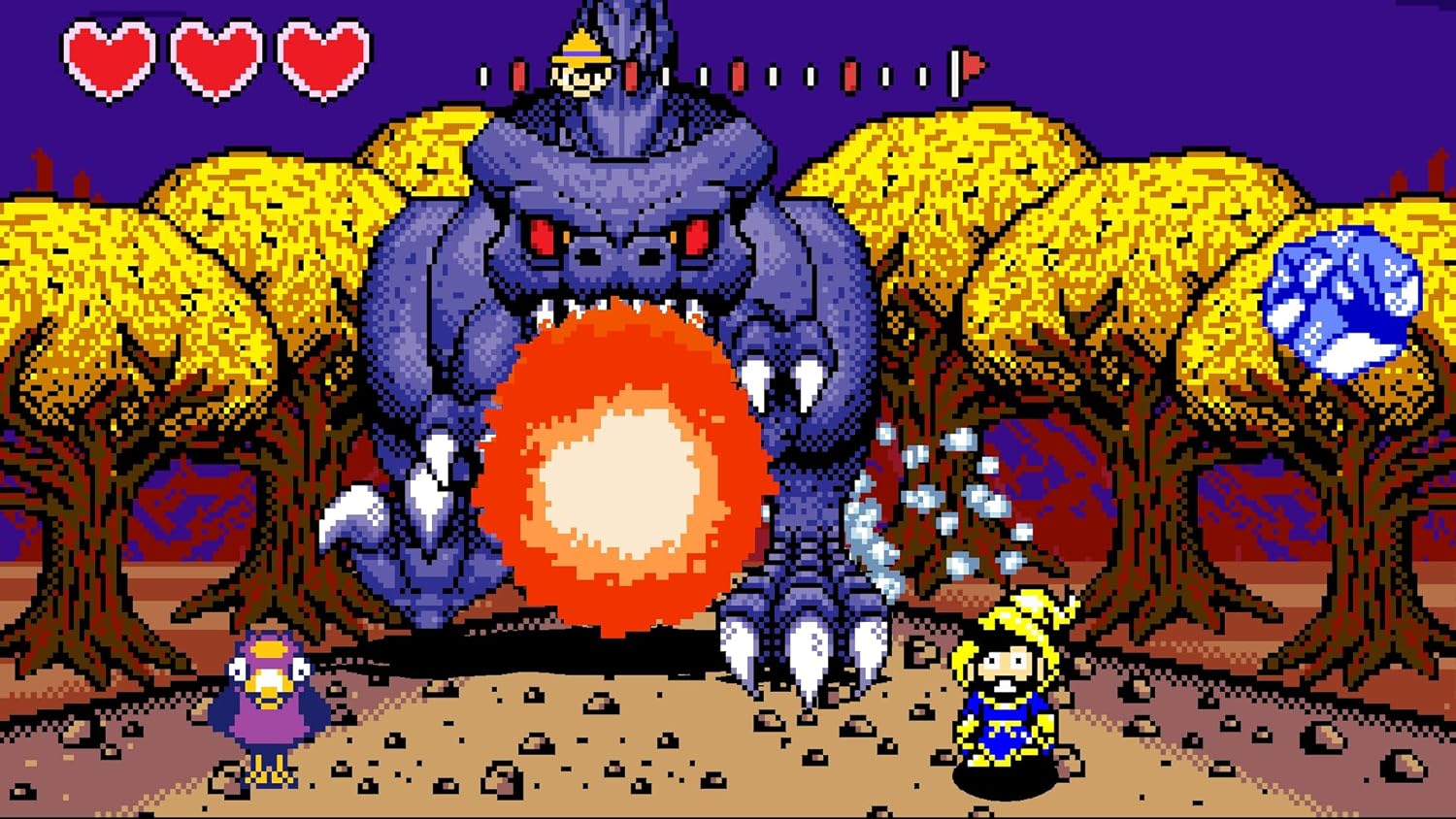 Pixel art scene from a video game with a large creature and two characters in a forest setting.