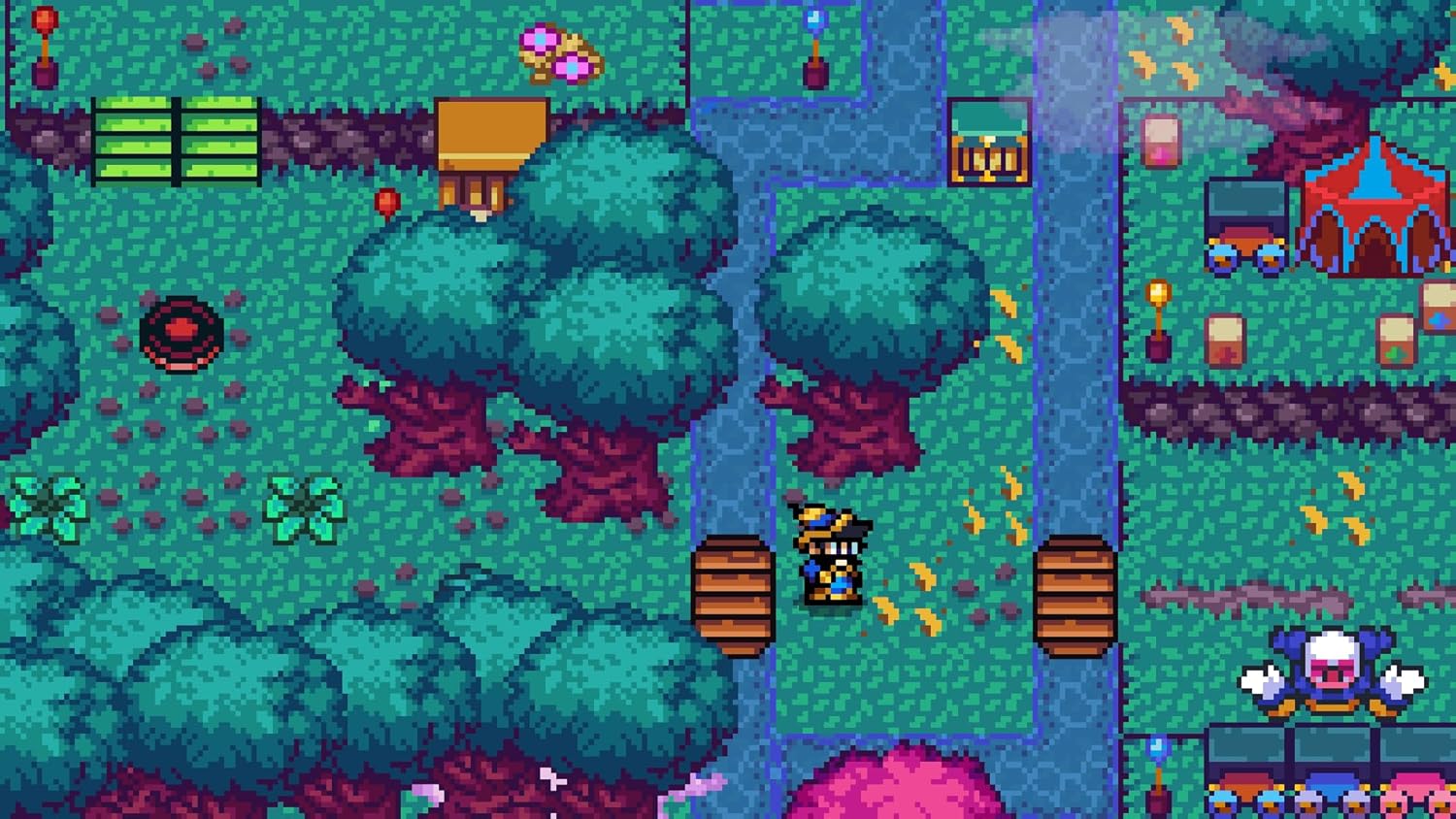 Pixel art style video game map with characters and obstacles