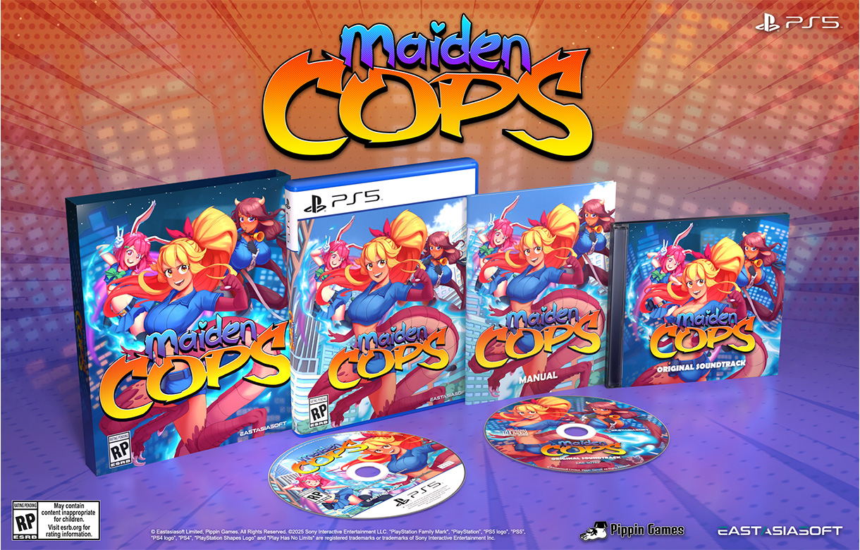 Maiden Cops game packaging for PS5 with colorful design and text.