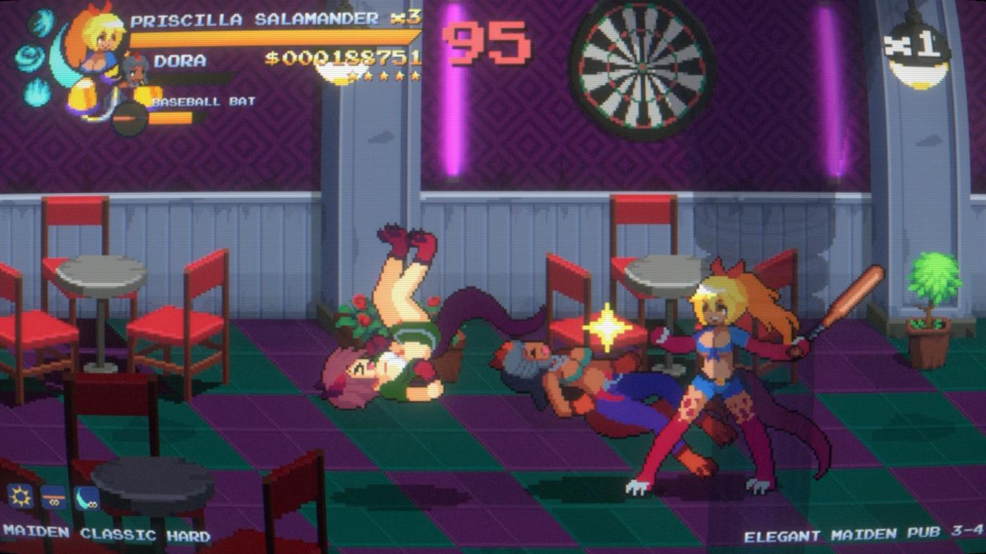 Video game scene with characters in a bar setting, featuring a dartboard on the wall.