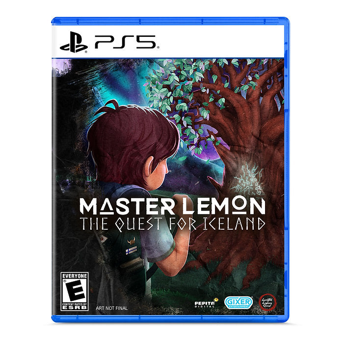 PS5 game case for Master Lemon: The Quest for Iceland, featuring a blue plastic case with illustrated cover art of a character facing a large tree in a fantasy landscape.