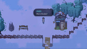 A pixel-art scene showing a small character standing near a speech bubble labeled LEMON that reads 'What is this place?' The environment includes a bench, stone monument, small building, trees, and chain bridges over a blue-purple landscape.