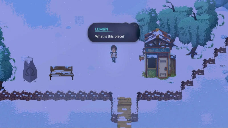 A pixel-art scene showing a small character standing near a speech bubble labeled LEMON that reads 'What is this place?' The environment includes a bench, stone monument, small building, trees, and chain bridges over a blue-purple landscape.