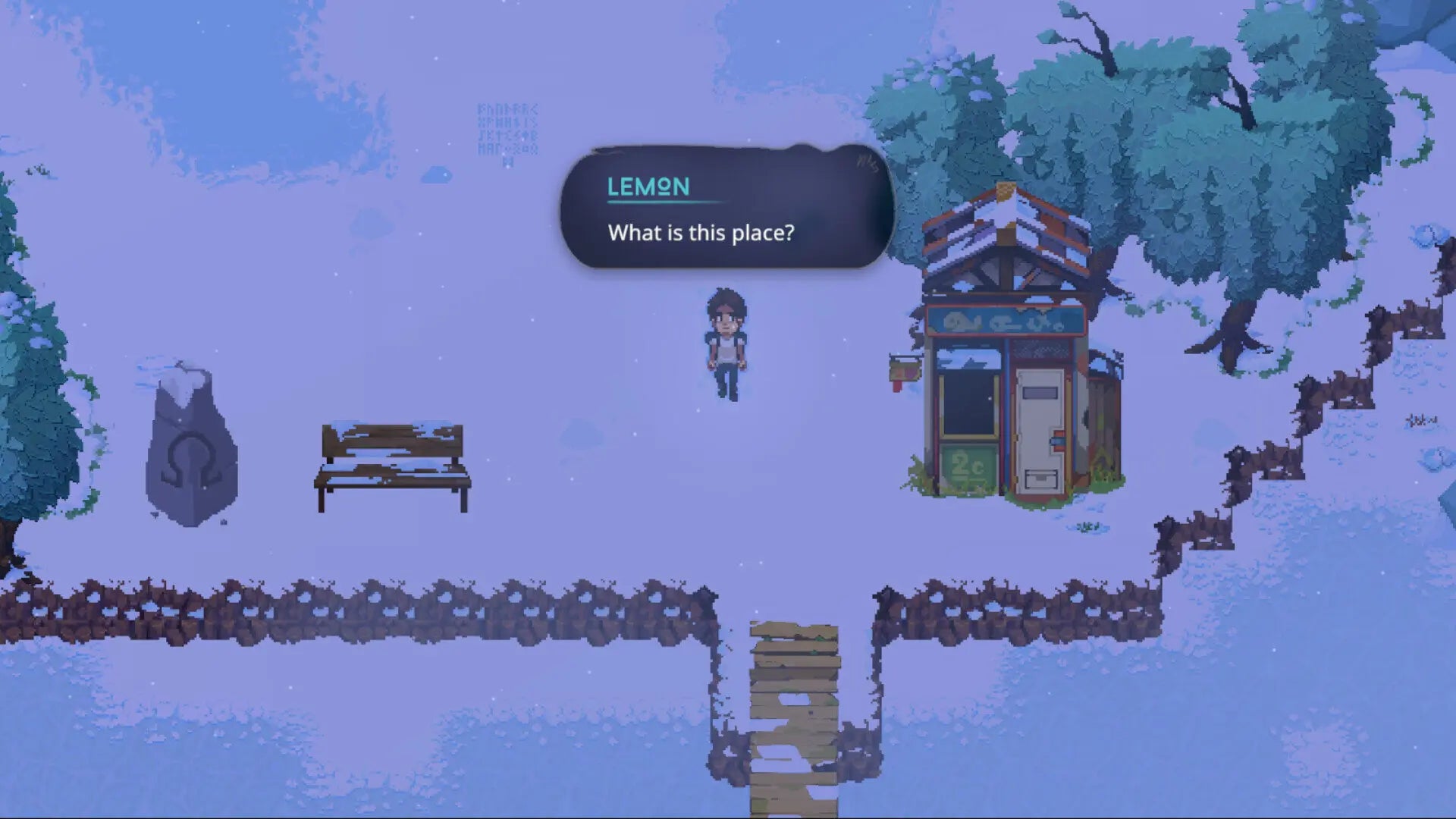 A pixel-art scene showing a small character standing near a speech bubble labeled LEMON that reads 'What is this place?' The environment includes a bench, stone monument, small building, trees, and chain bridges over a blue-purple landscape.