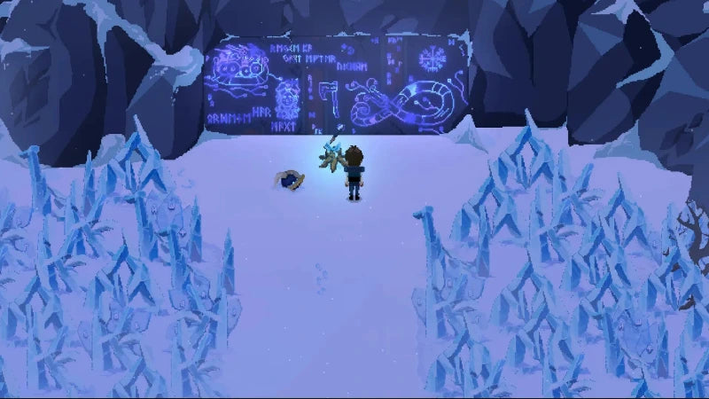 Frozen landscape with characters in a snowy cave