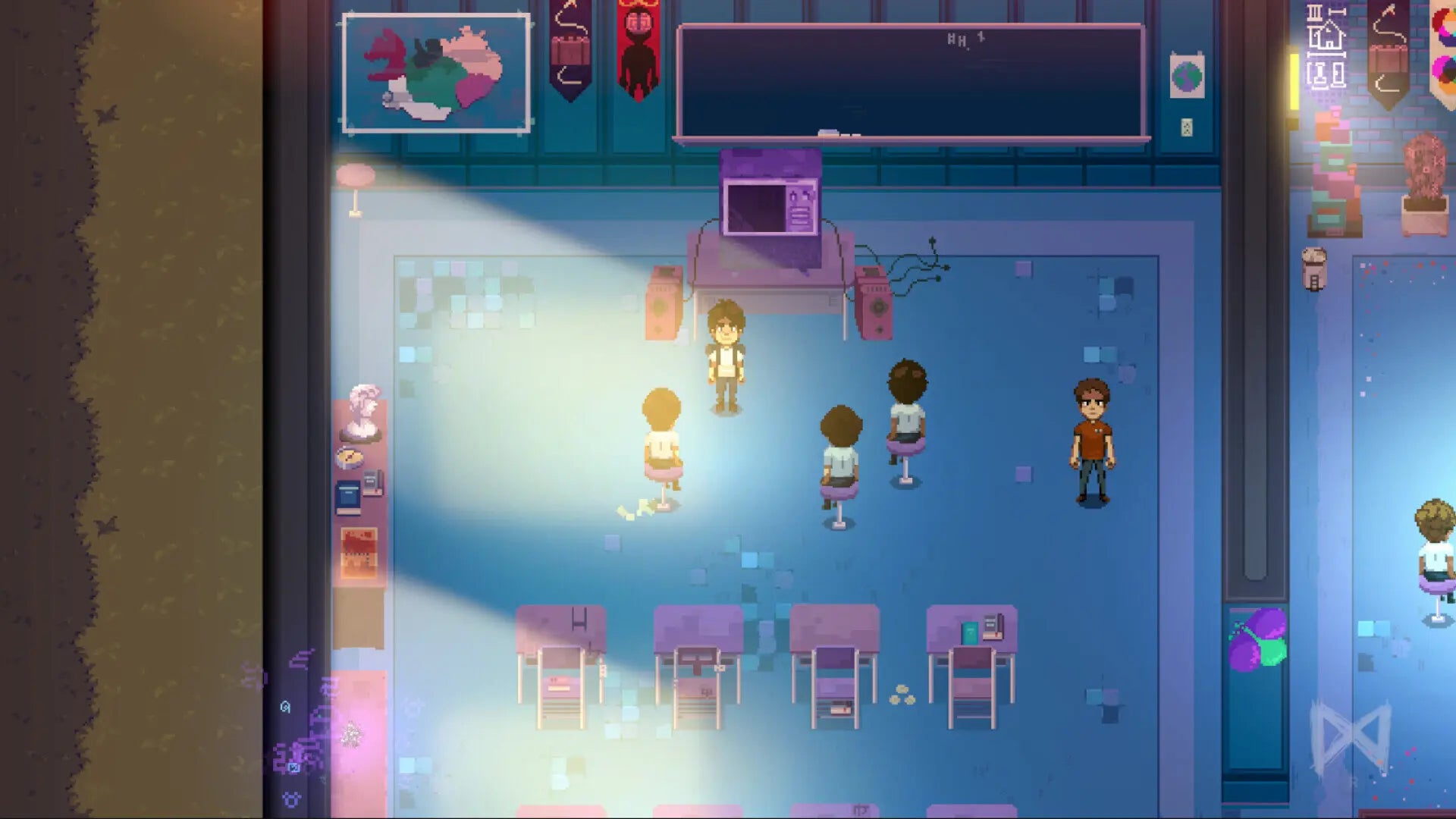 A top-down pixel art scene showing several small human characters in a blue-lit room with desks, a basketball hoop, and interface panels around the edges.