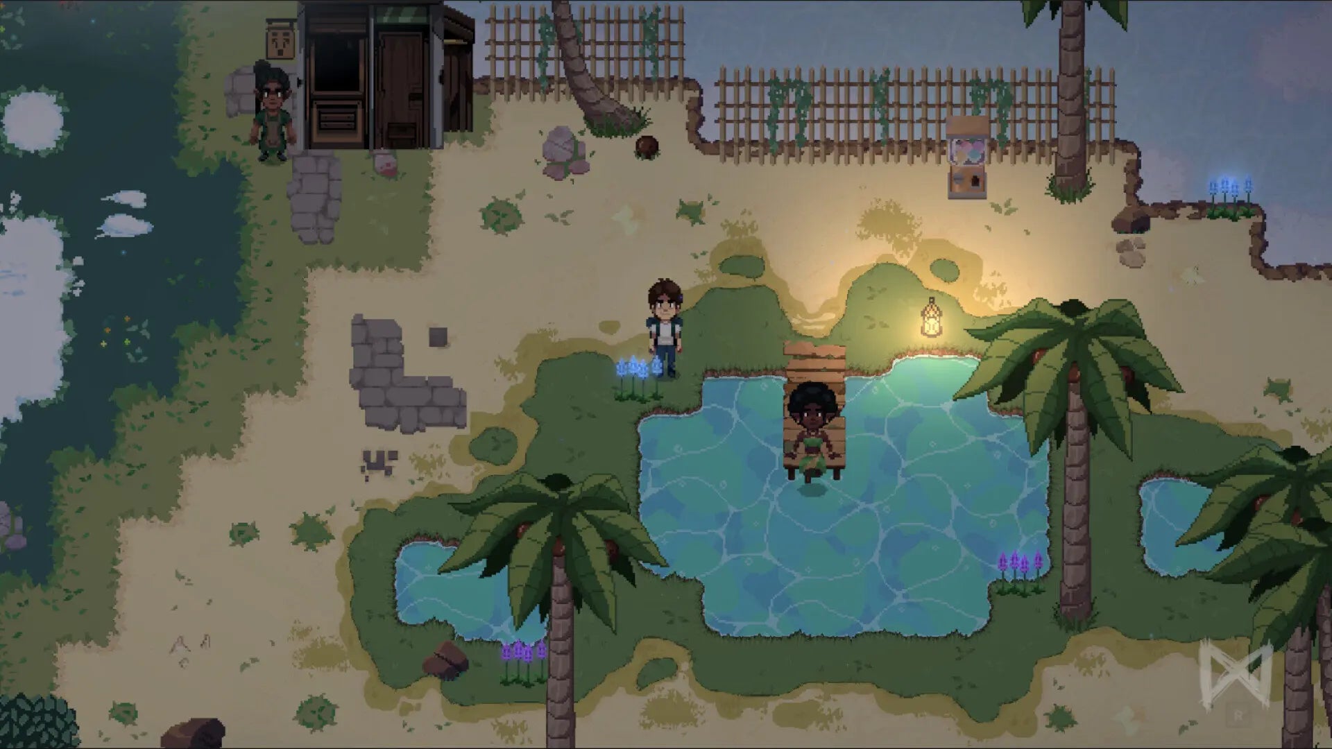 Top-down view of a pixel art game scene with characters around a pool.