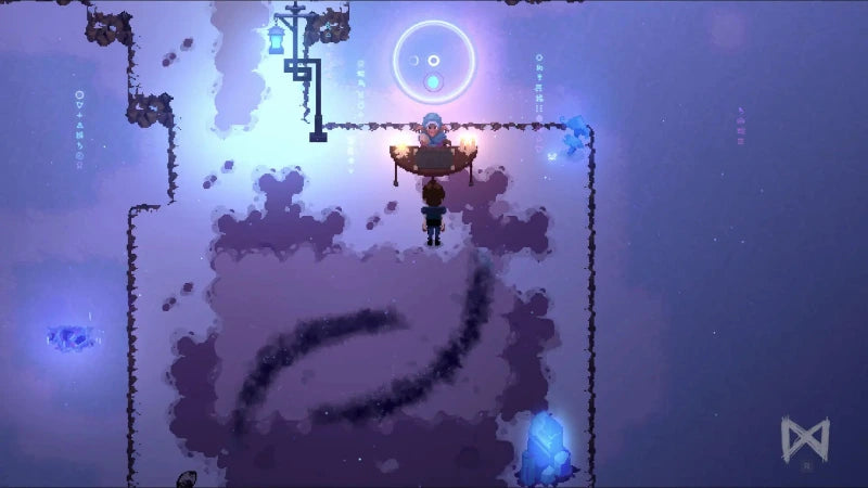 A pixel-art scene showing a small character floating or hanging in front of glowing purple and blue abstract structures, with a circular light source above and dark cloud-like forms below.