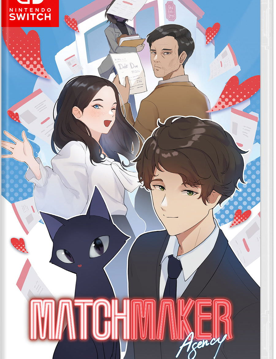 Nintendo Switch game cover for 'Matchmaker Agency' with animated characters and a cat.