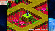 Screenshot of a retro video game with a character on a platform surrounded by pink flowers and a fence.