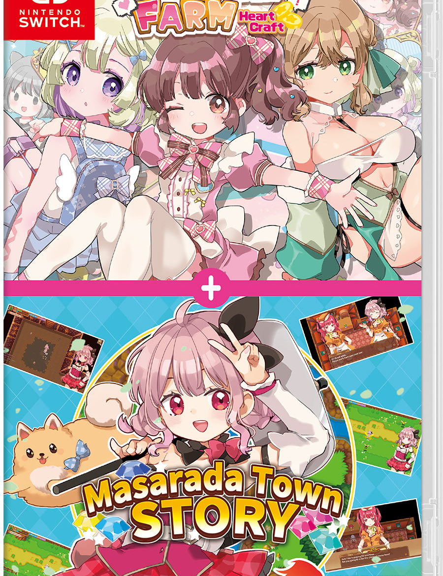 Packaging for 'Mewmew Farm Heart Cafe' and 'Masarada Town Story' on Nintendo Switch with character illustrations.